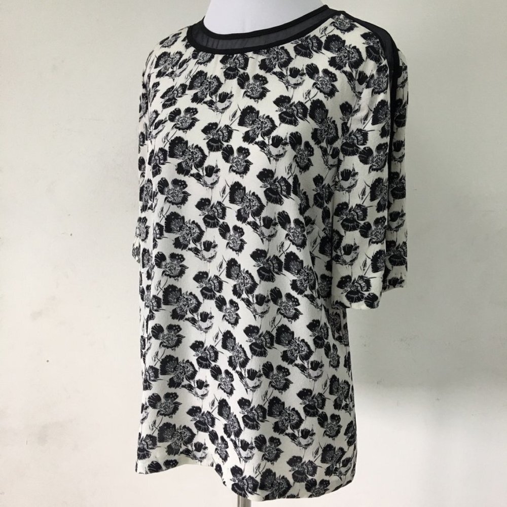 A.L.C. Women's Black White Floral Short Sleeve 100% Silk Crew Blouse Size Large - Picture 5 of 14